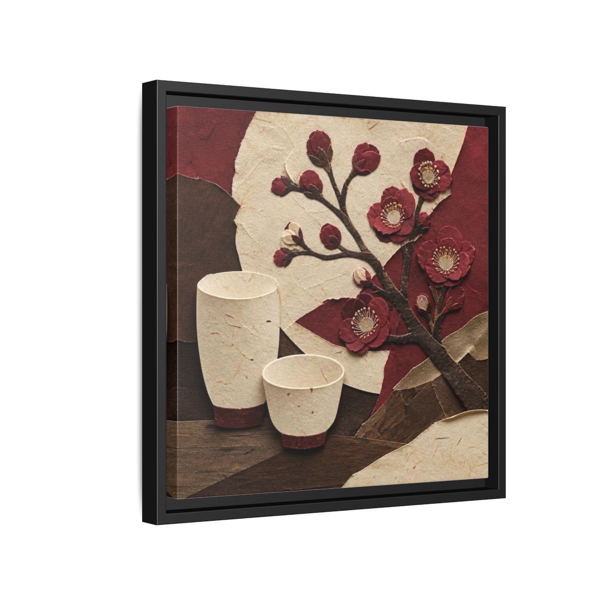 Side Mockup 15. Japanese Quince And Sake shown as framed canvas print