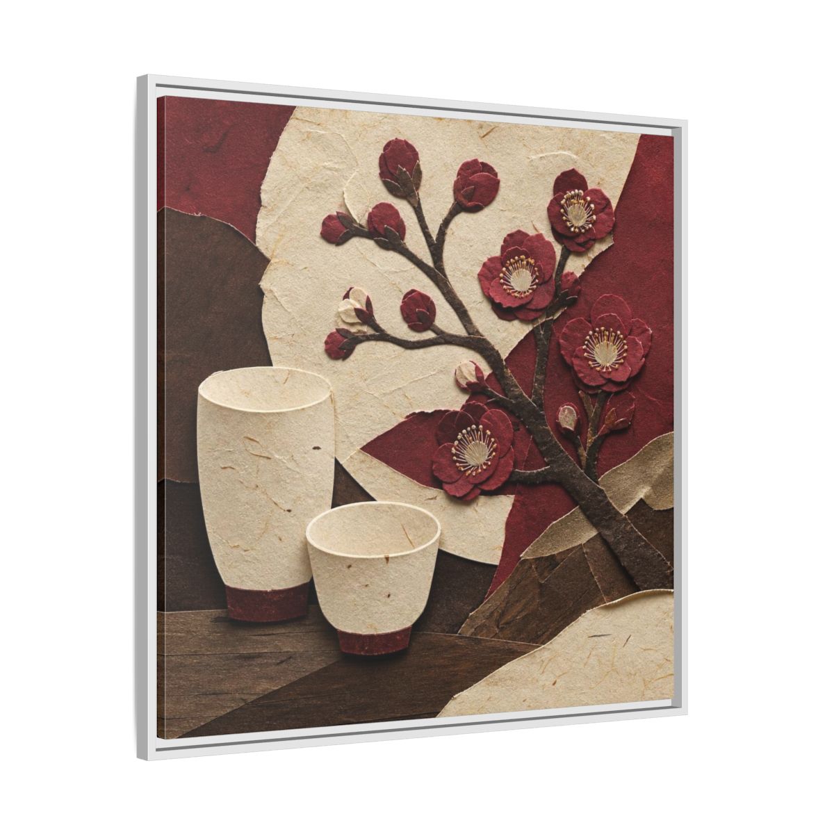 Side Mockup 25. Japanese Quince And Sake shown as framed canvas print
