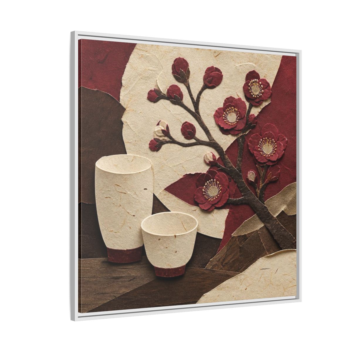 Side Mockup 4. Japanese Quince And Sake shown as framed canvas print