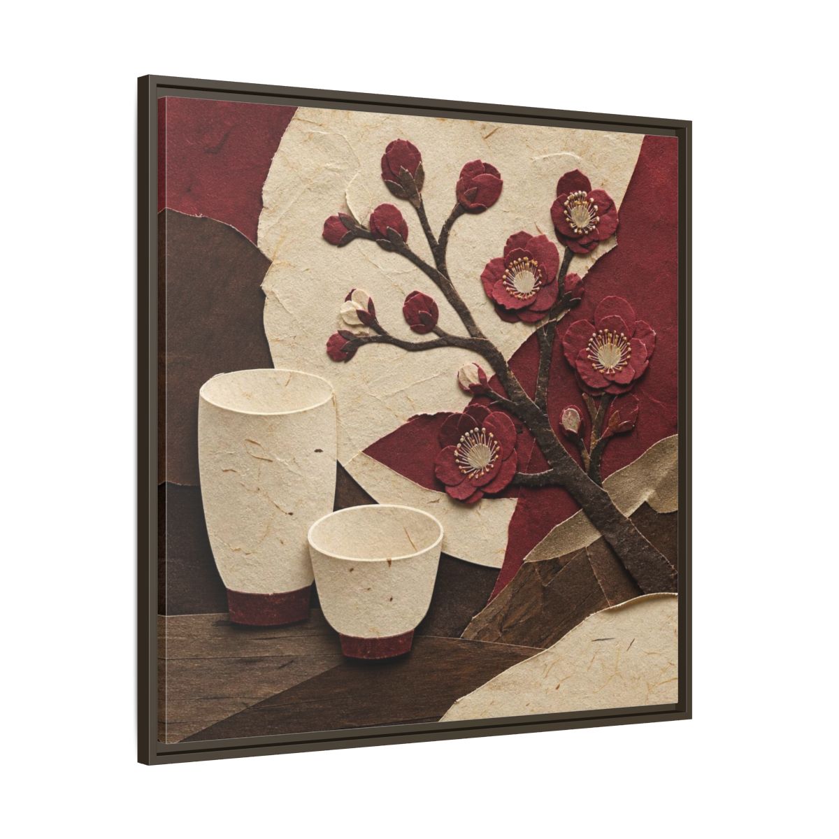 Main Mockup. Japanese Quince And Sake shown as framed canvas print
