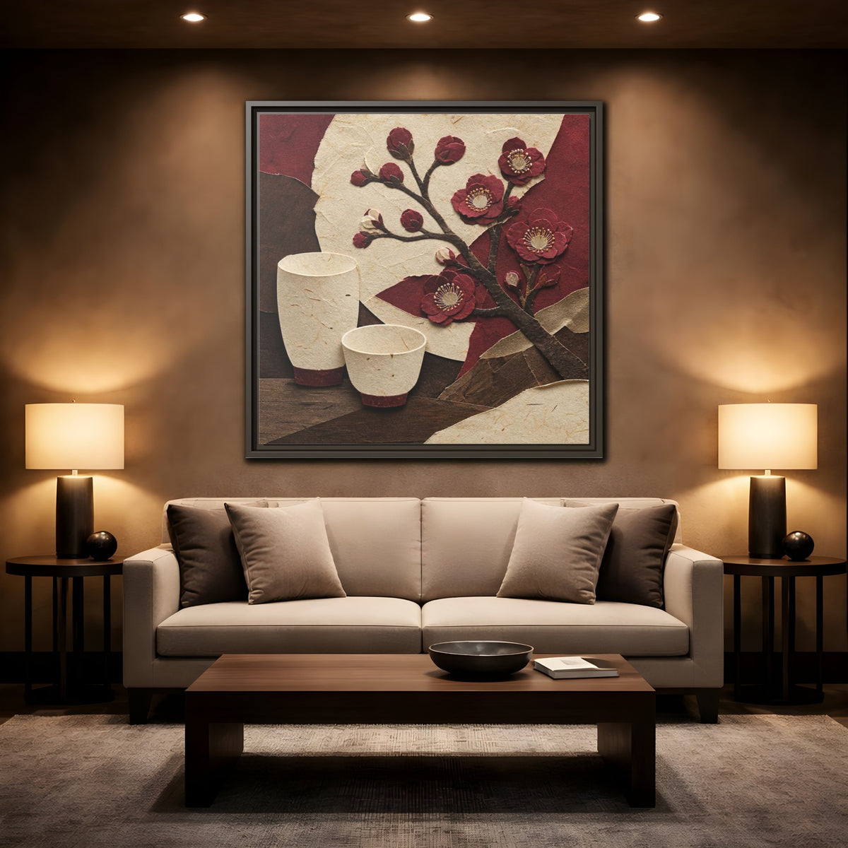 Mockup 2. Japanese Quince And Sake shown as framed canvas print
