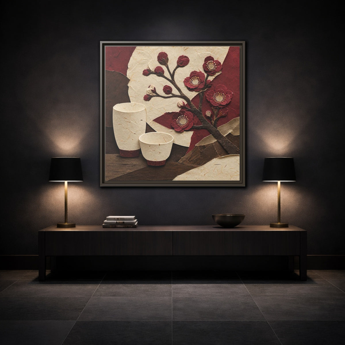 Mockup 3. Japanese Quince And Sake shown as framed canvas print