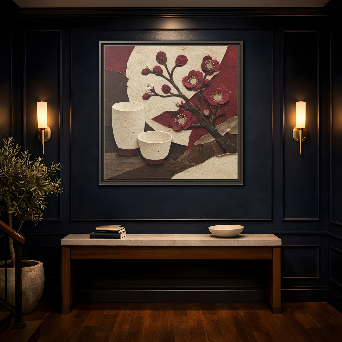 Mockup 4. Japanese Quince And Sake shown as framed canvas print