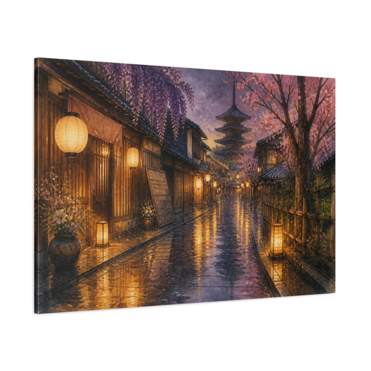 Side Mockup 1. Japanese Rainy Alley shown as canvas print