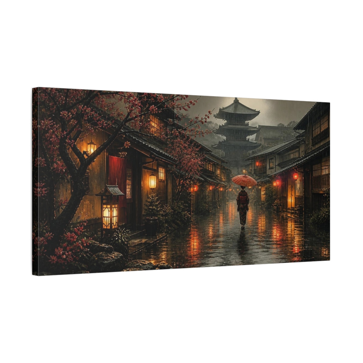 Side Mockup 1. Japanese Rainy Alley shown as canvas print