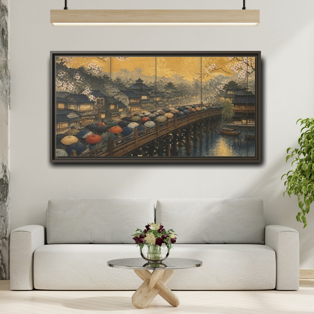 Mockup 2. Japanese Rainy Bridge shown as framed canvas print
