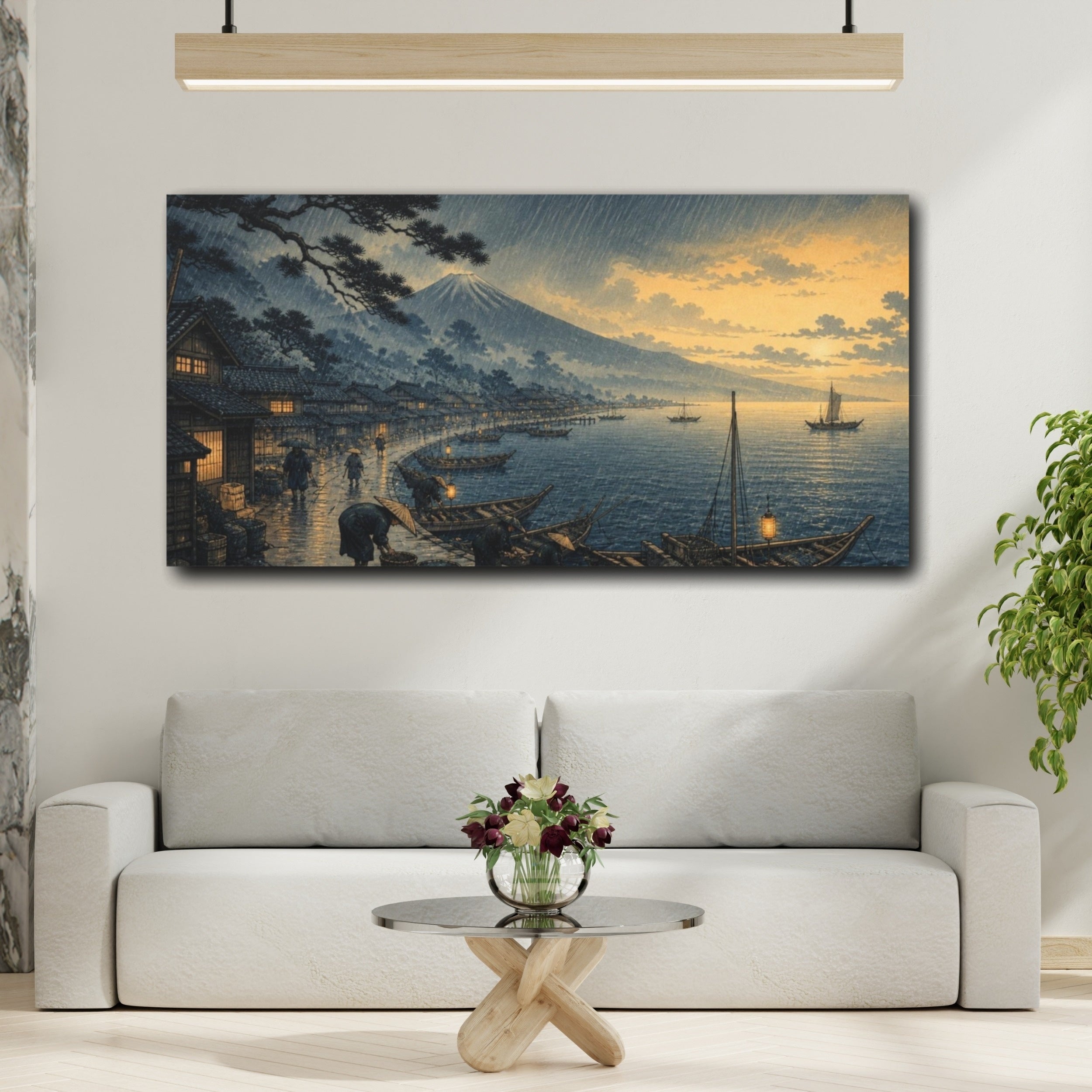 Mockup 2. Japanese Rainy Fishing Harbor shown as canvas print