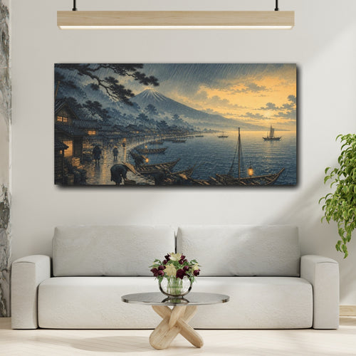 Mockup 2. Japanese Rainy Fishing Harbor shown as canvas print