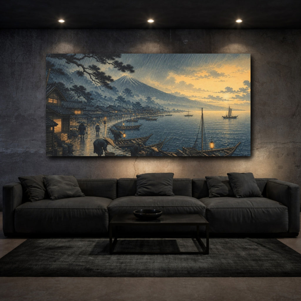 Mockup 3. Japanese Rainy Fishing Harbor shown as canvas print
