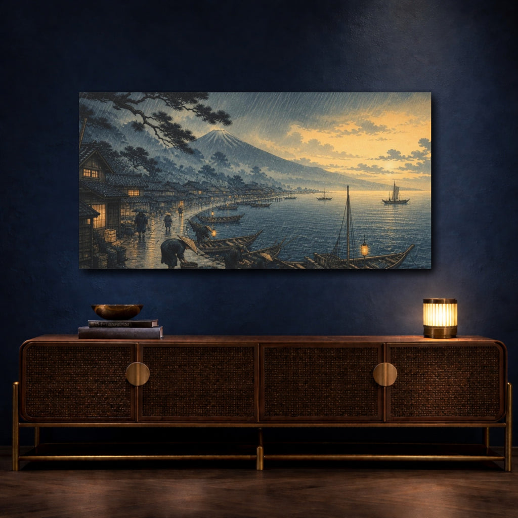 Mockup 4. Japanese Rainy Fishing Harbor shown as canvas print