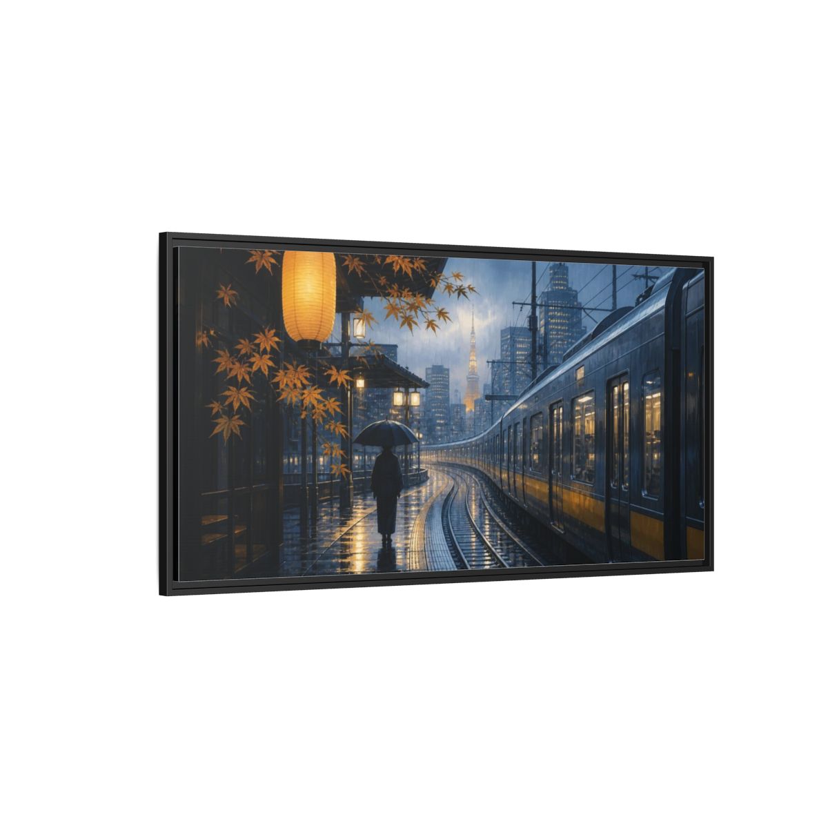 Side Mockup 5. Japanese Rainy Train Platform shown as framed canvas print
