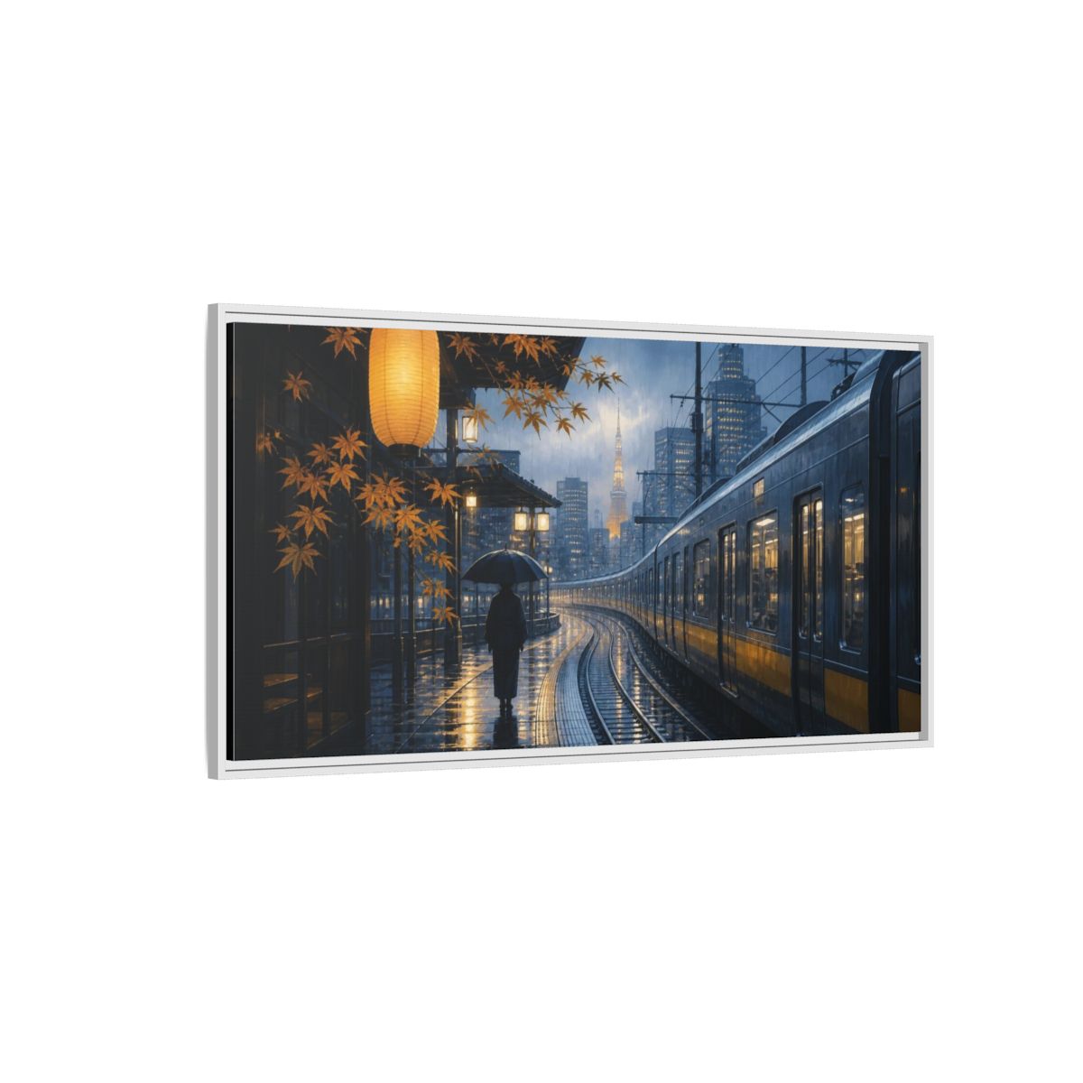 Side Mockup 3. Japanese Rainy Train Platform shown as framed canvas print