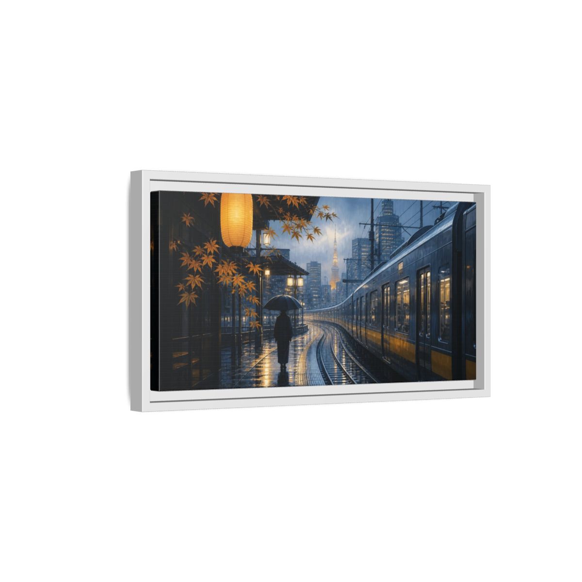 Side Mockup 6. Japanese Rainy Train Platform shown as framed canvas print