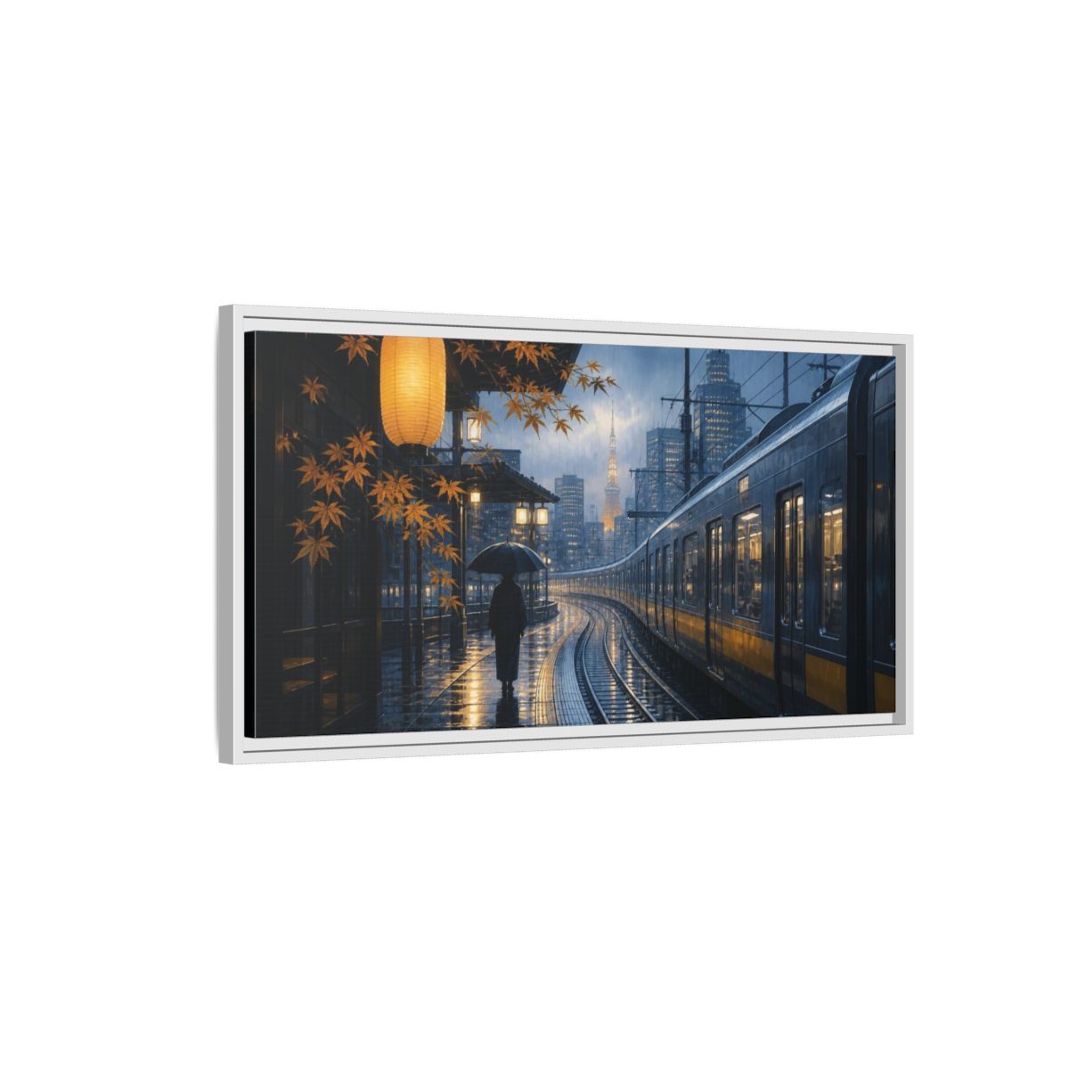 Side Mockup 1. Japanese Rainy Train Platform shown as framed canvas print