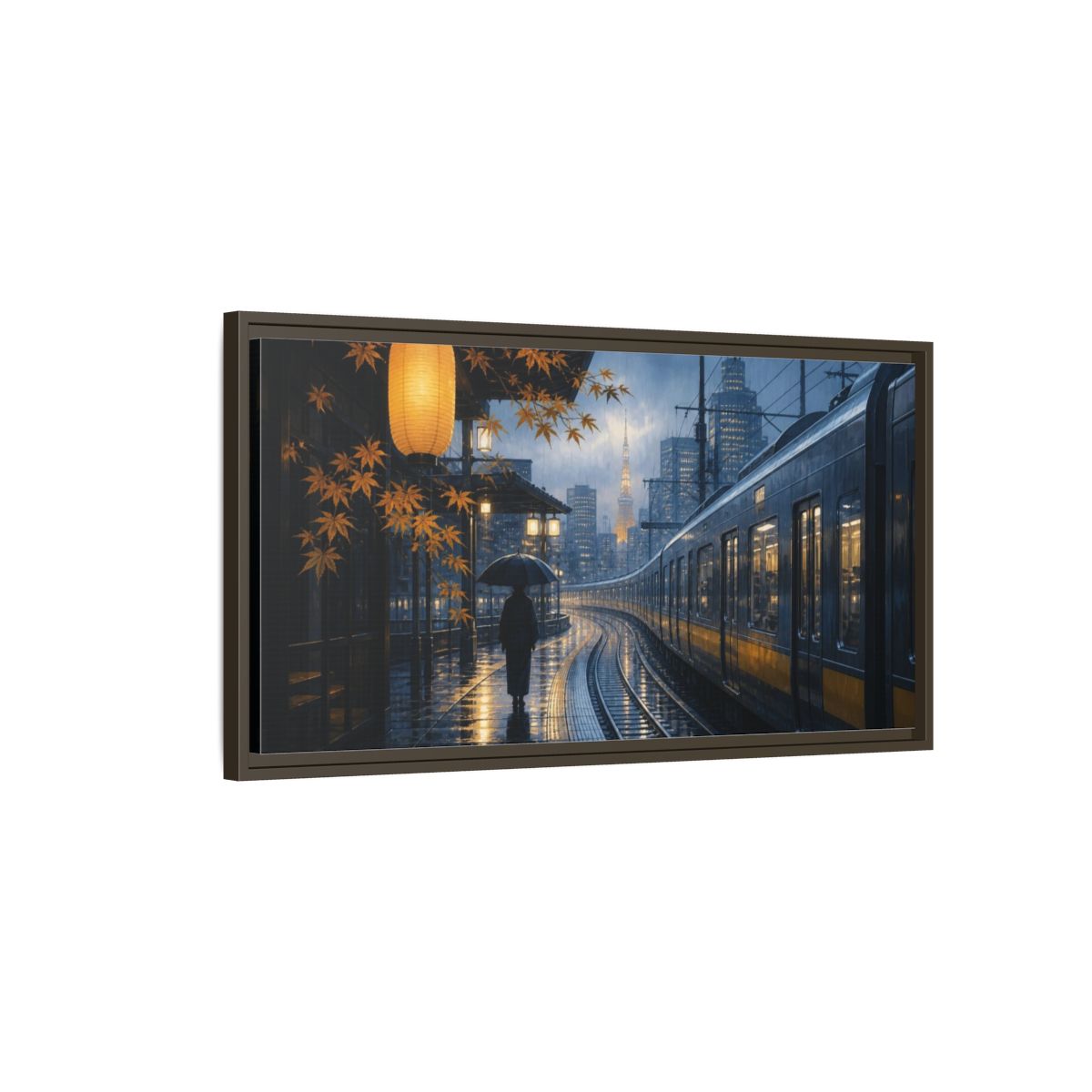 Main Mockup. Japanese Rainy Train Platform shown as framed canvas print