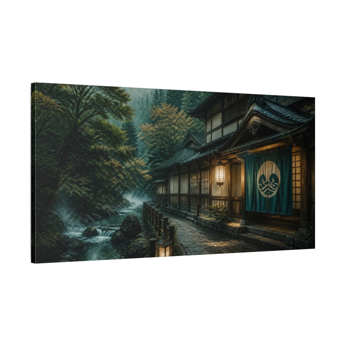 Main Mockup. Japanese Riverside Bathhouse shown as canvas print