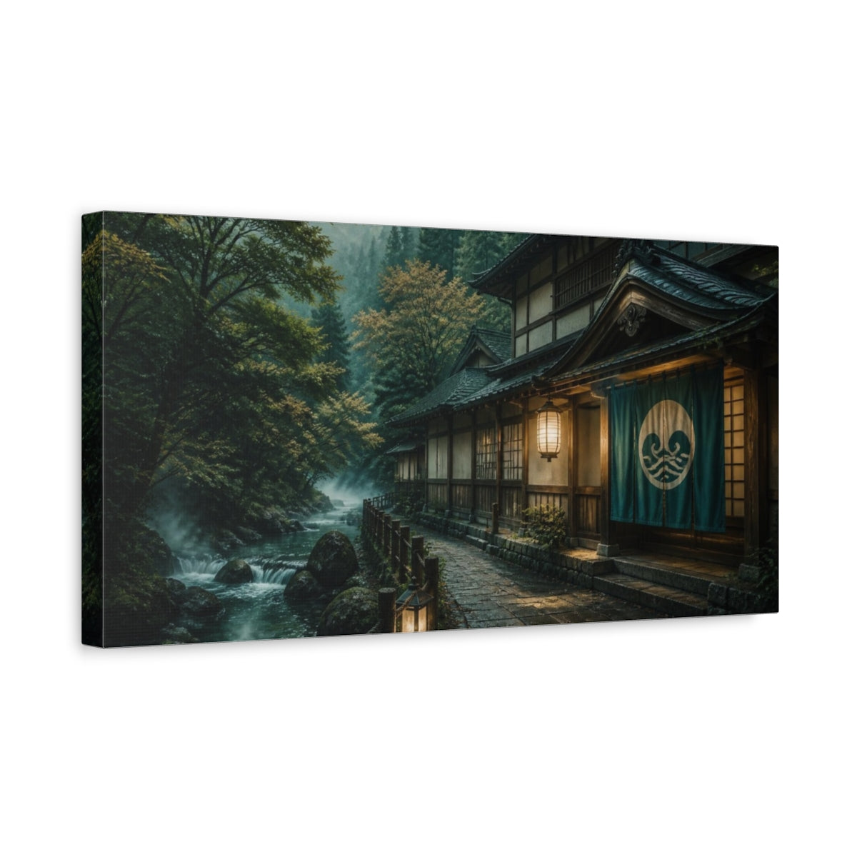Side Mockup 3. Japanese Riverside Bathhouse shown as canvas print