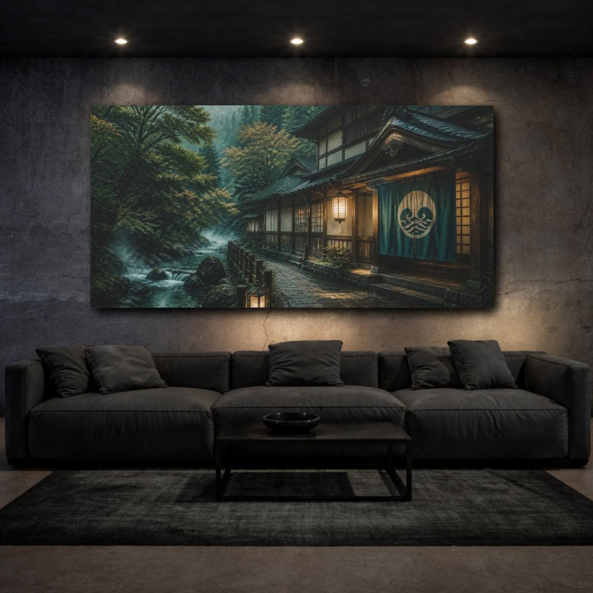 Mockup 3. Japanese Riverside Bathhouse shown as canvas print