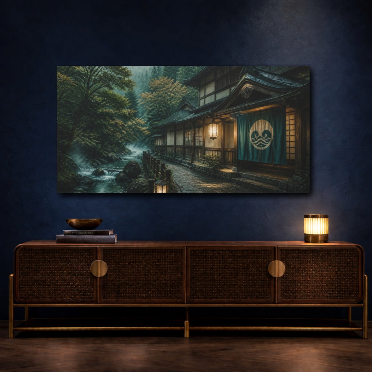 Mockup 4. Japanese Riverside Bathhouse shown as canvas print