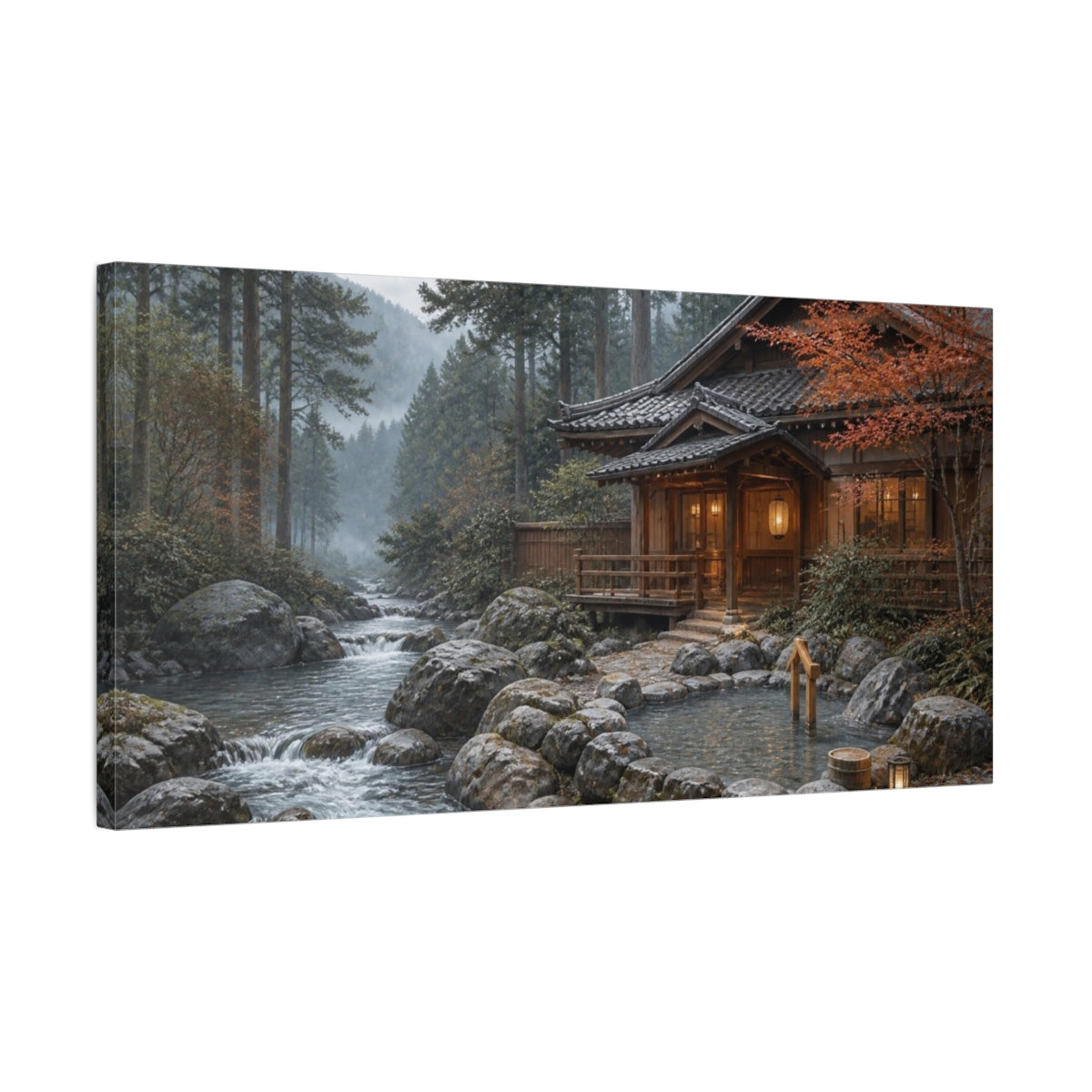 Side Mockup 1. Japanese Riverside Onsen shown as canvas print