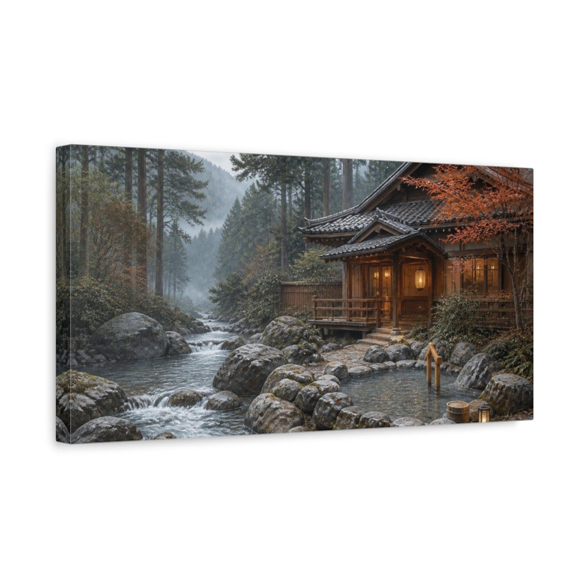 Side Mockup 3. Japanese Riverside Onsen shown as canvas print