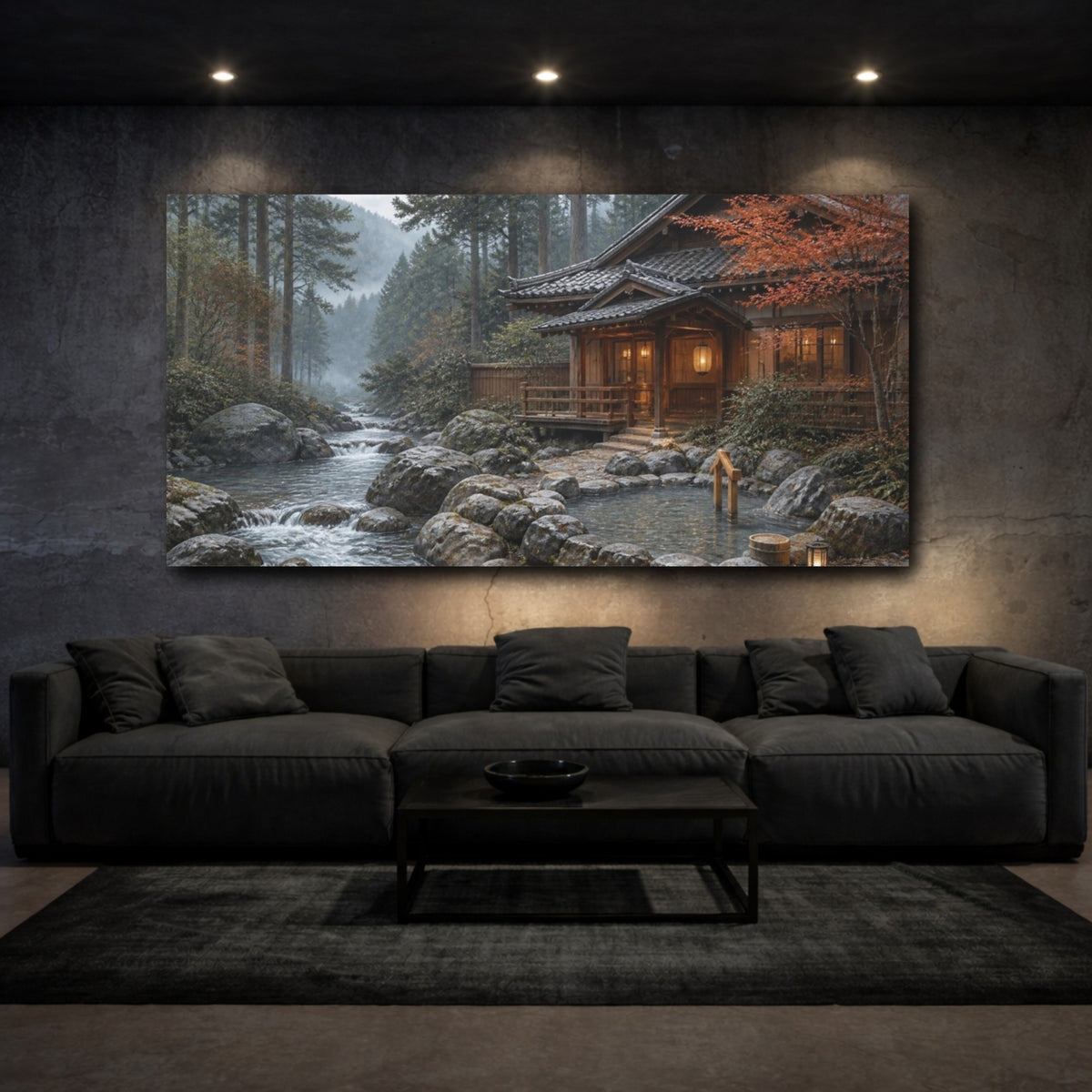 Mockup 3. Japanese Riverside Onsen shown as canvas print