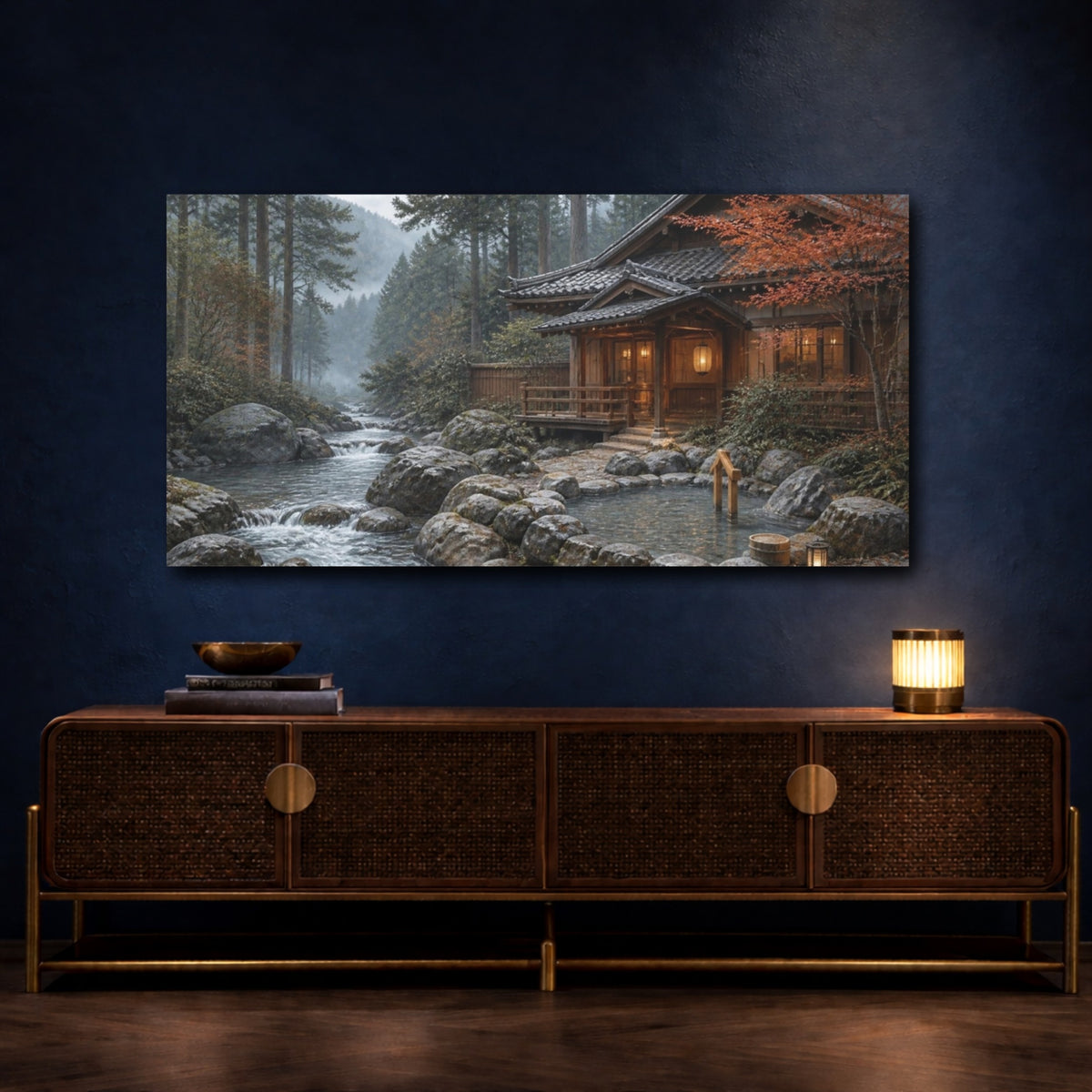 Mockup 4. Japanese Riverside Onsen shown as canvas print
