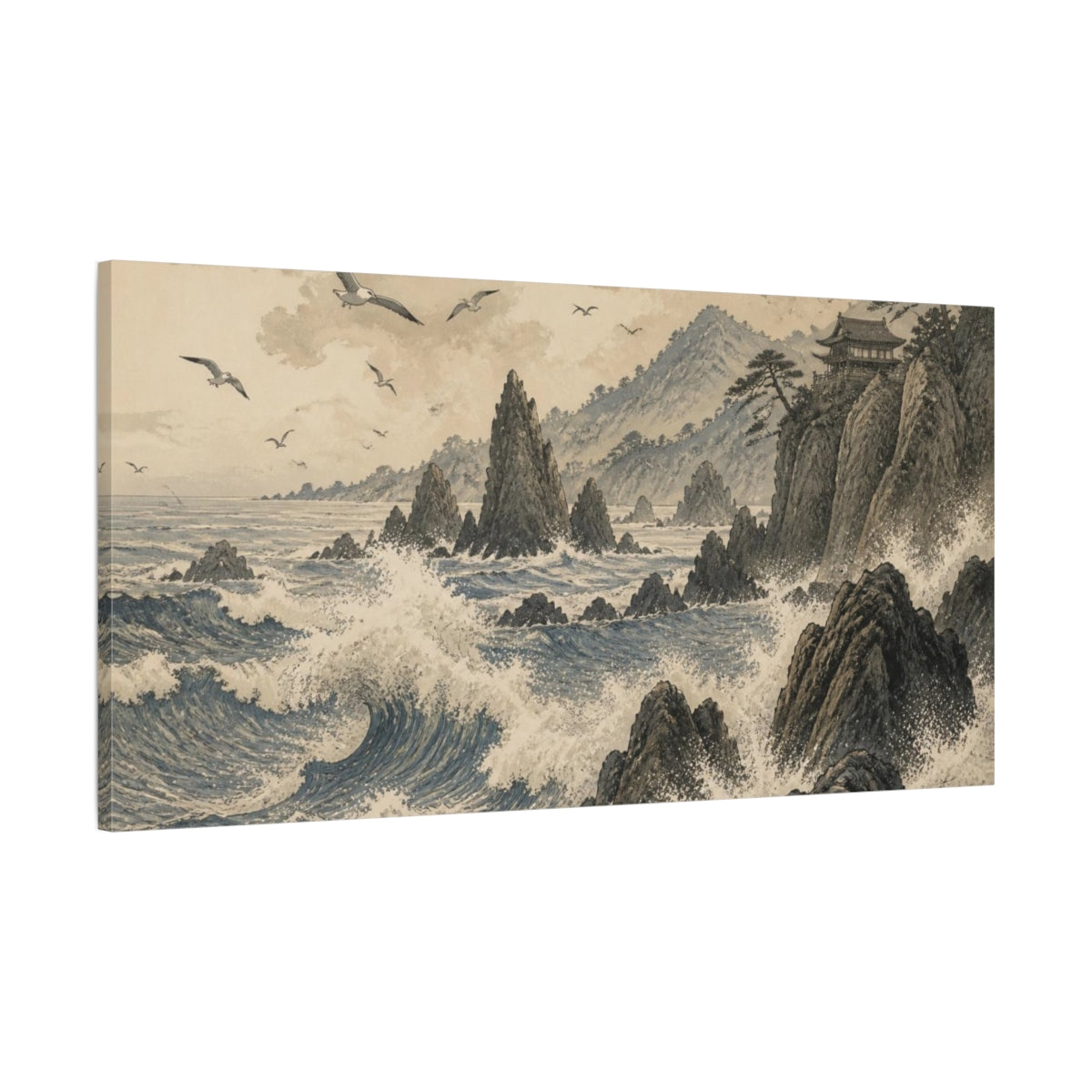 Main Mockup. Japanese Rocky Coast Temple shown as canvas print