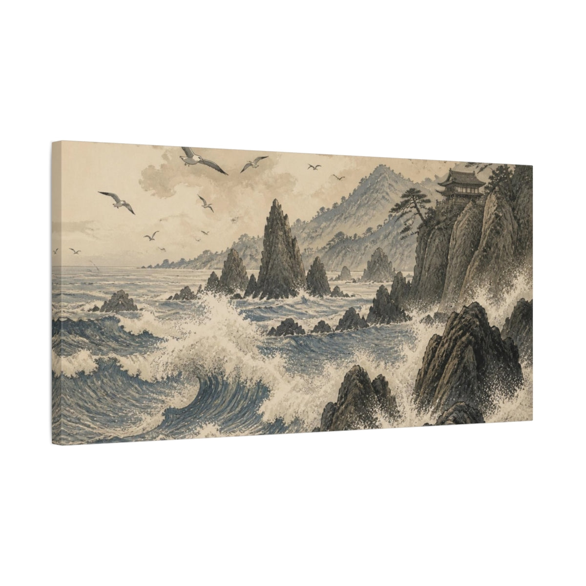 Side Mockup 1. Japanese Rocky Coast Temple shown as canvas print