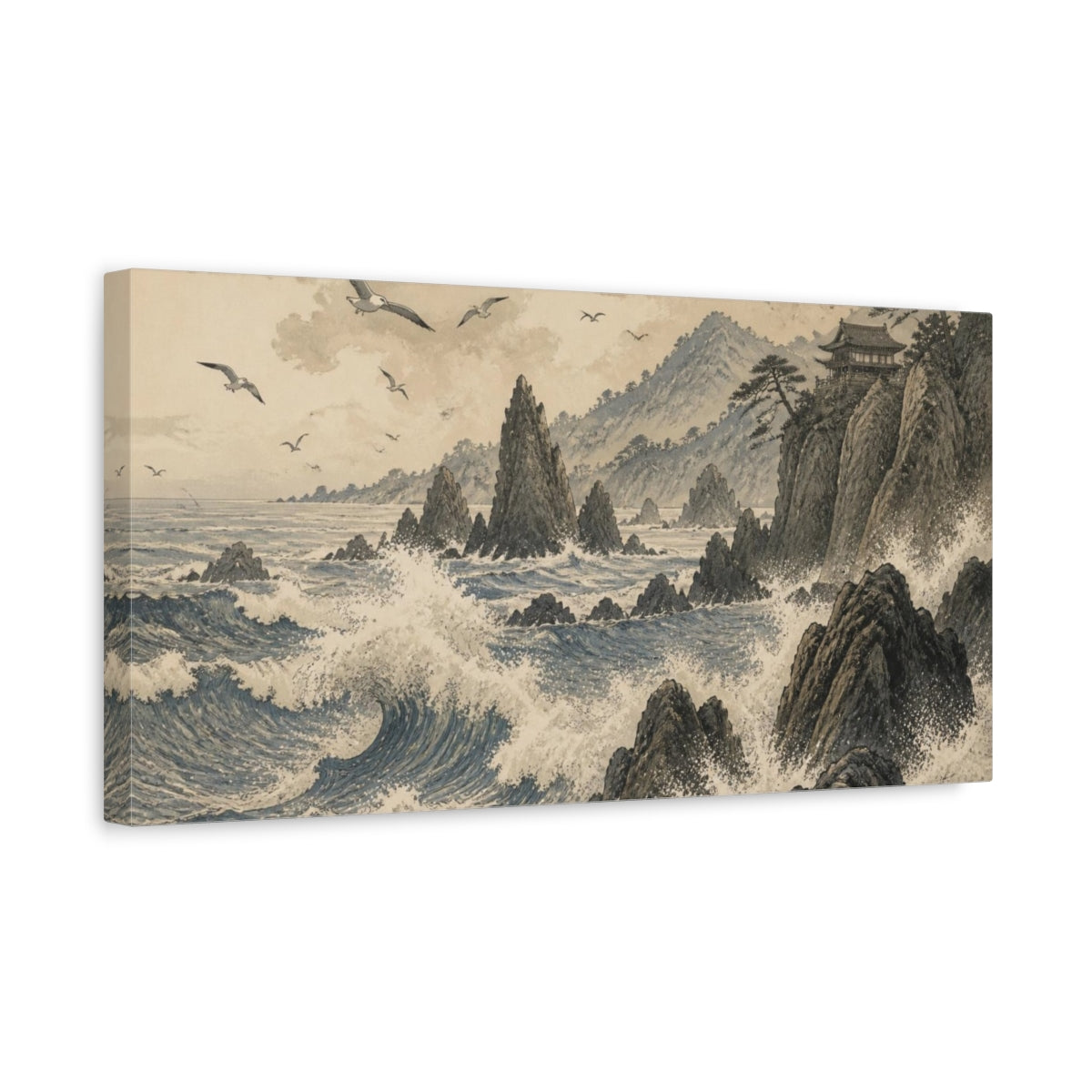 Side Mockup 3. Japanese Rocky Coast Temple shown as canvas print