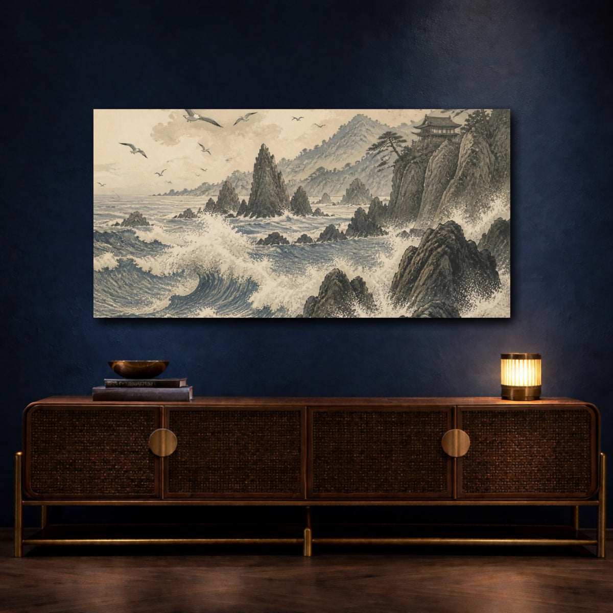 Mockup 4. Japanese Rocky Coast Temple shown as canvas print