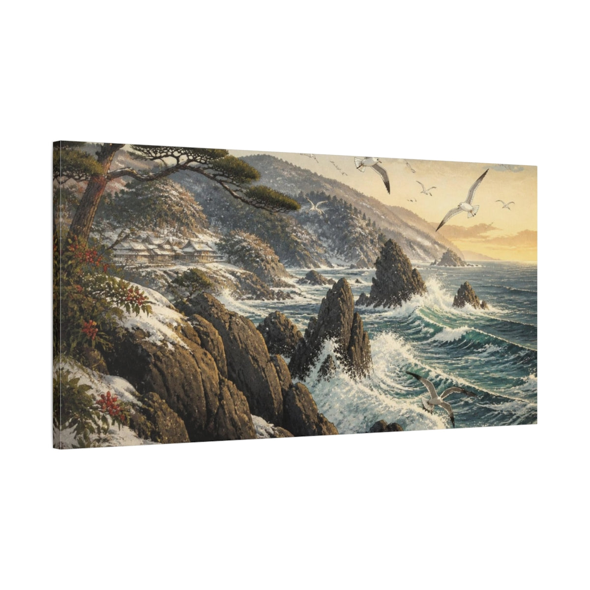 Main Mockup. Japanese Rocky Coast With Seagulls shown as canvas print