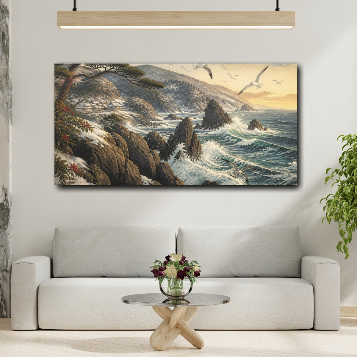 Mockup 2. Japanese Rocky Coast With Seagulls shown as canvas print