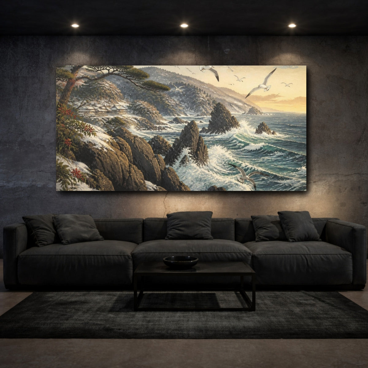 Mockup 3. Japanese Rocky Coast With Seagulls shown as canvas print
