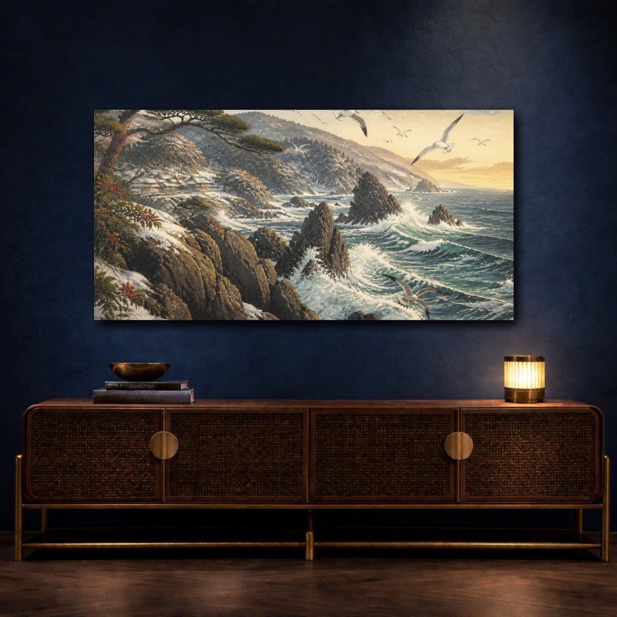 Mockup 4. Japanese Rocky Coast With Seagulls shown as canvas print
