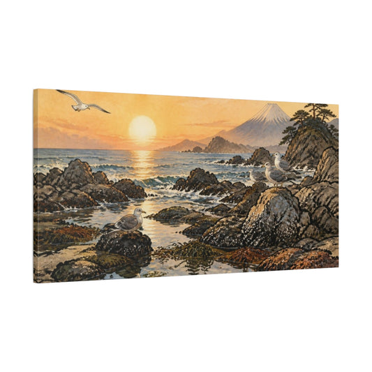 Main Mockup. Japanese Rocky Shore At Sunrise shown as canvas print