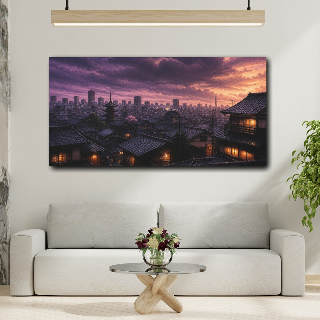 Mockup 2. Japanese Rooftops At Dusk shown as canvas print