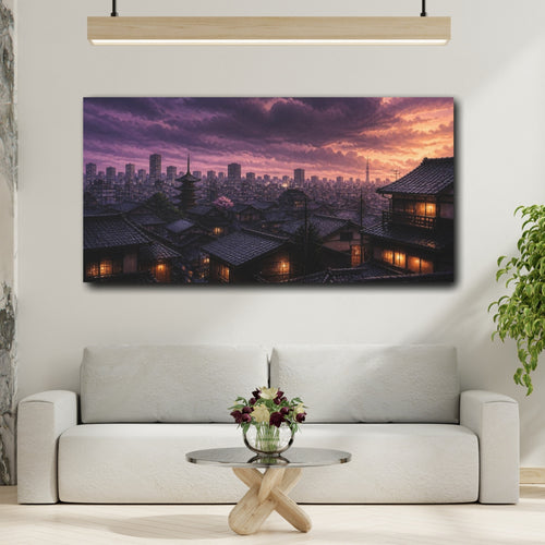 Mockup 2. Japanese Rooftops At Dusk shown as canvas print
