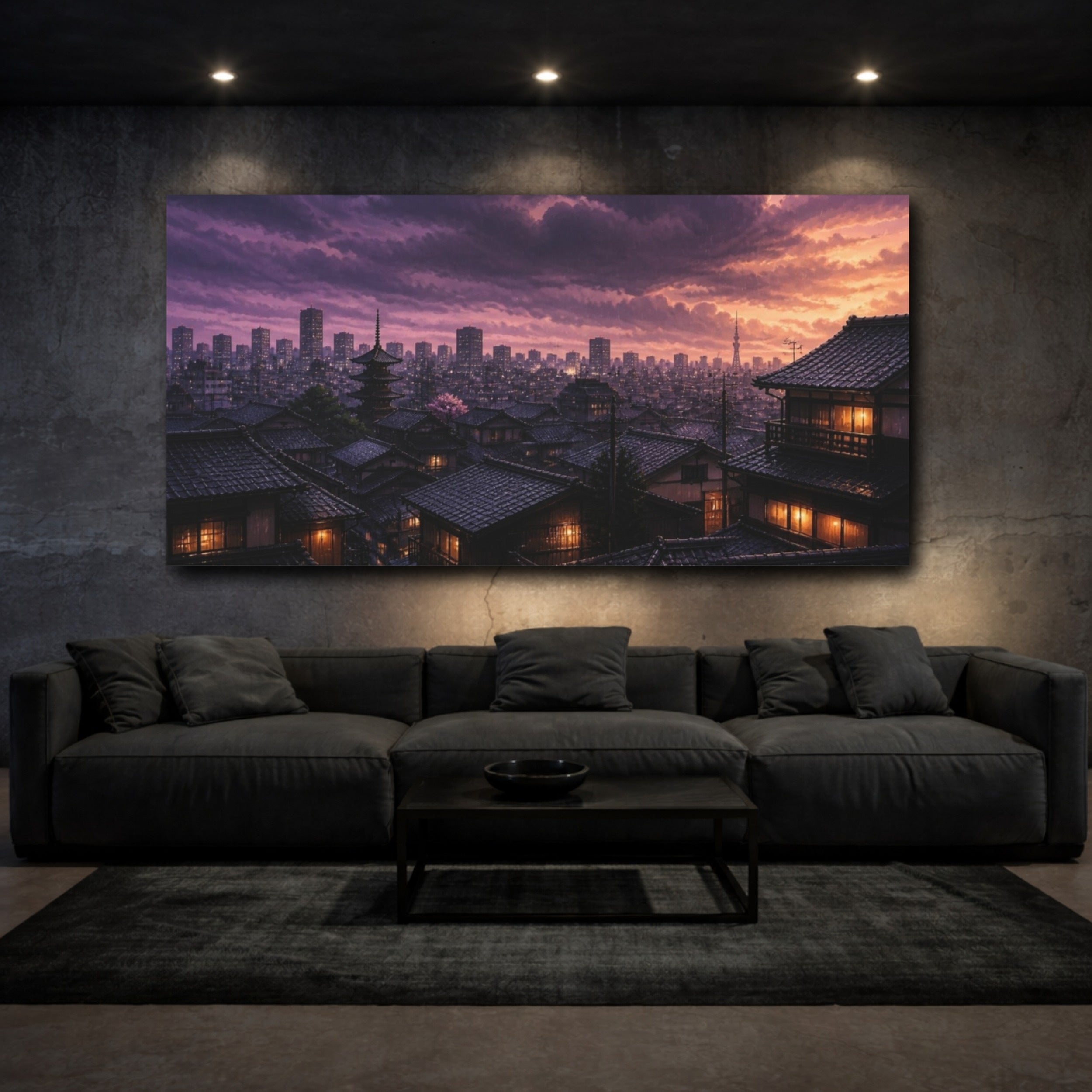 Mockup 3. Japanese Rooftops At Dusk shown as canvas print