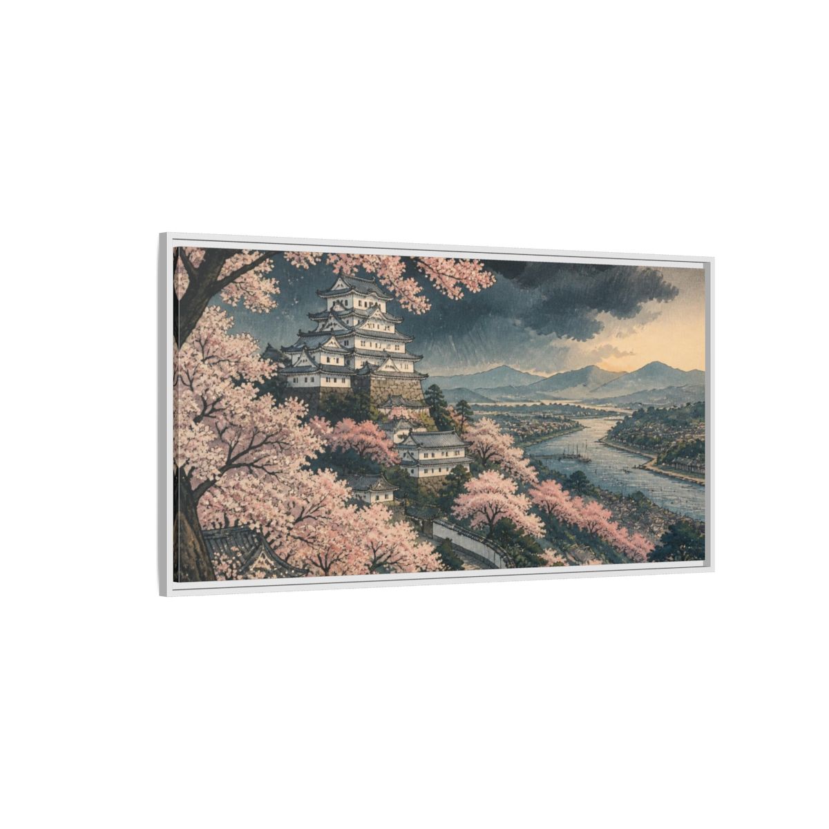 Side Mockup 3. Japanese Sakura Castle shown as framed canvas print