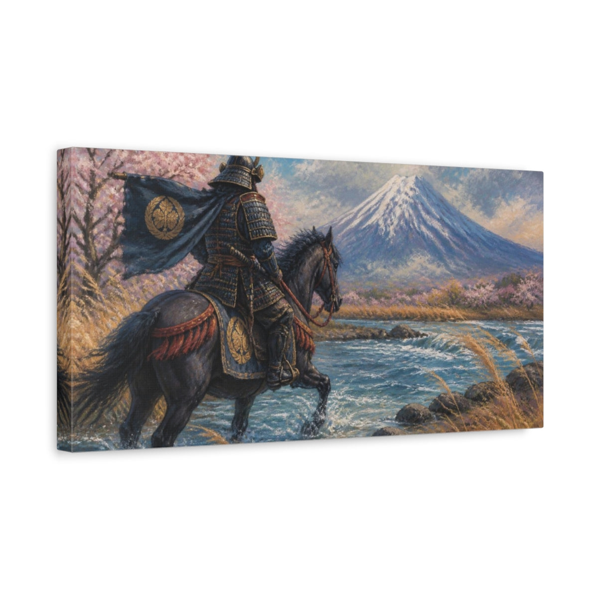 Side Mockup 3. Japanese Samurai At River shown as canvas print