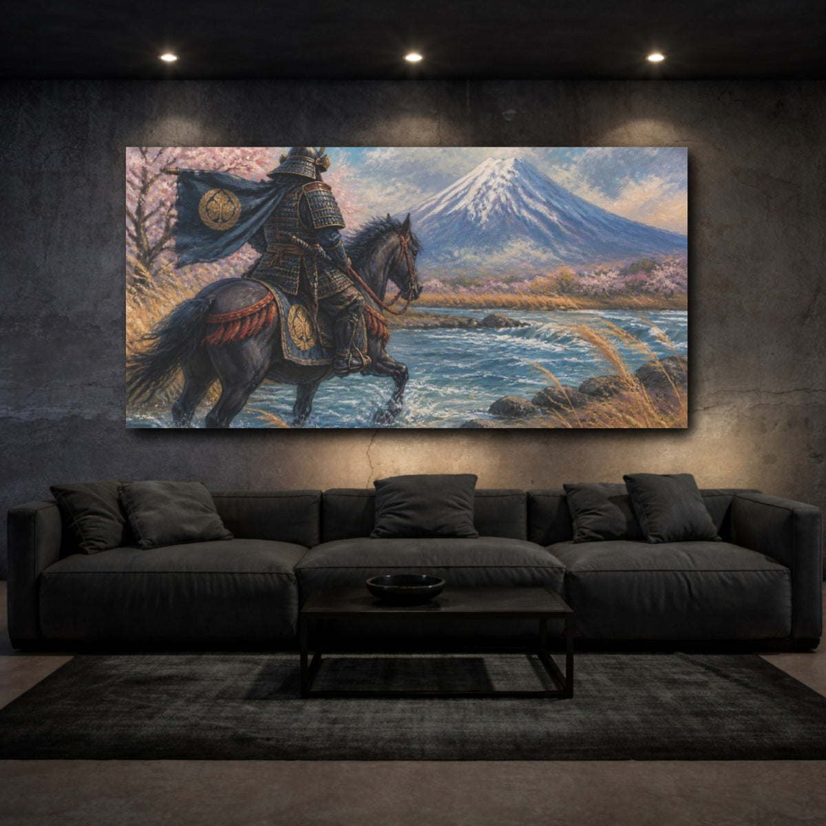 Mockup 3. Japanese Samurai At River shown as canvas print