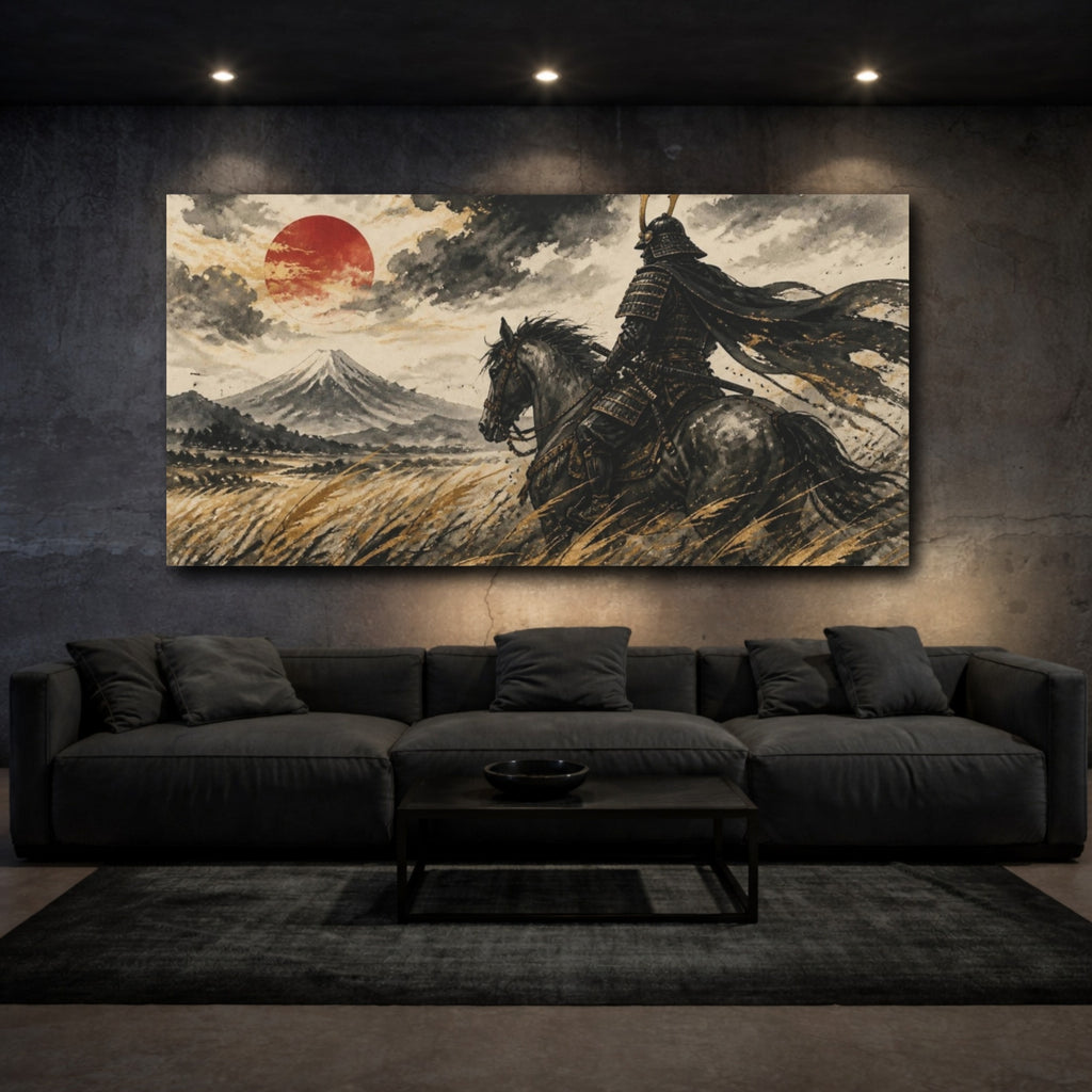 Mockup 3. Japanese Samurai On Horseback shown as canvas print