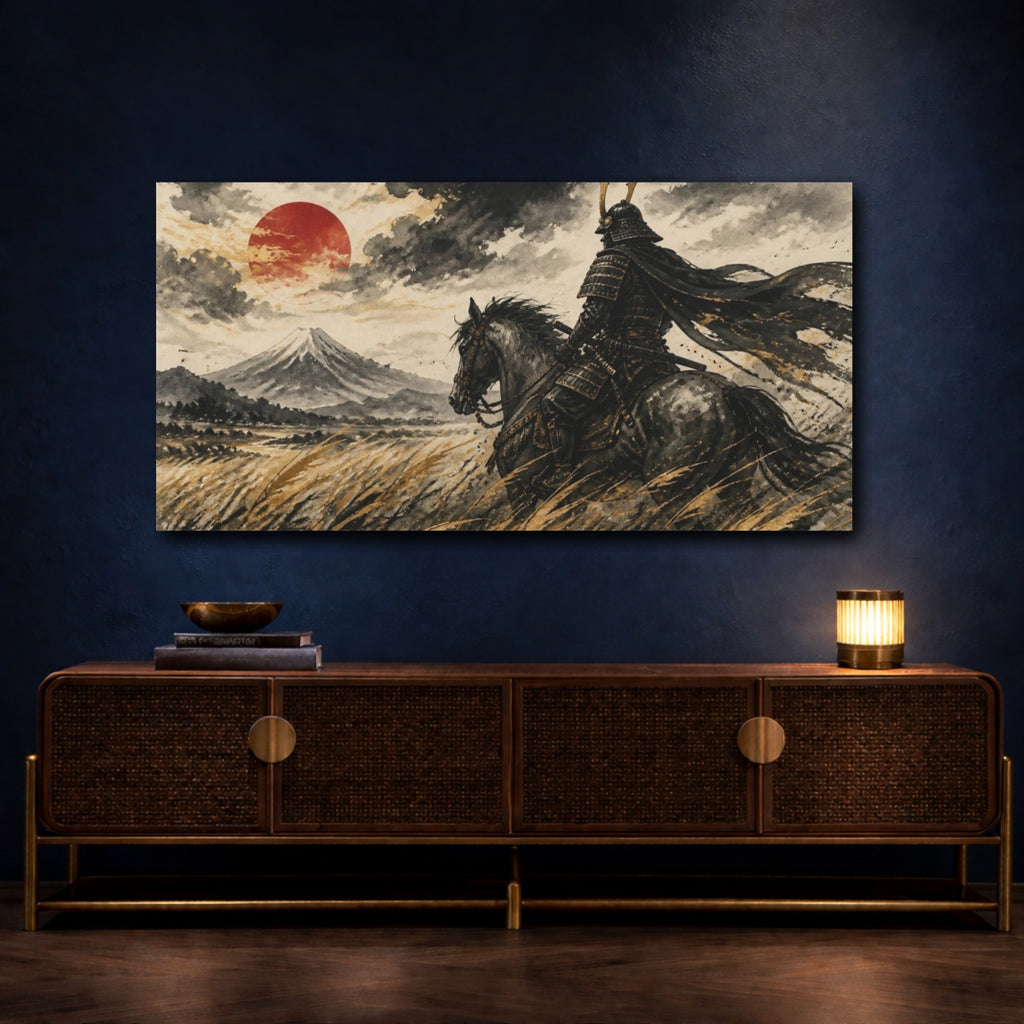 Mockup 4. Japanese Samurai On Horseback shown as canvas print