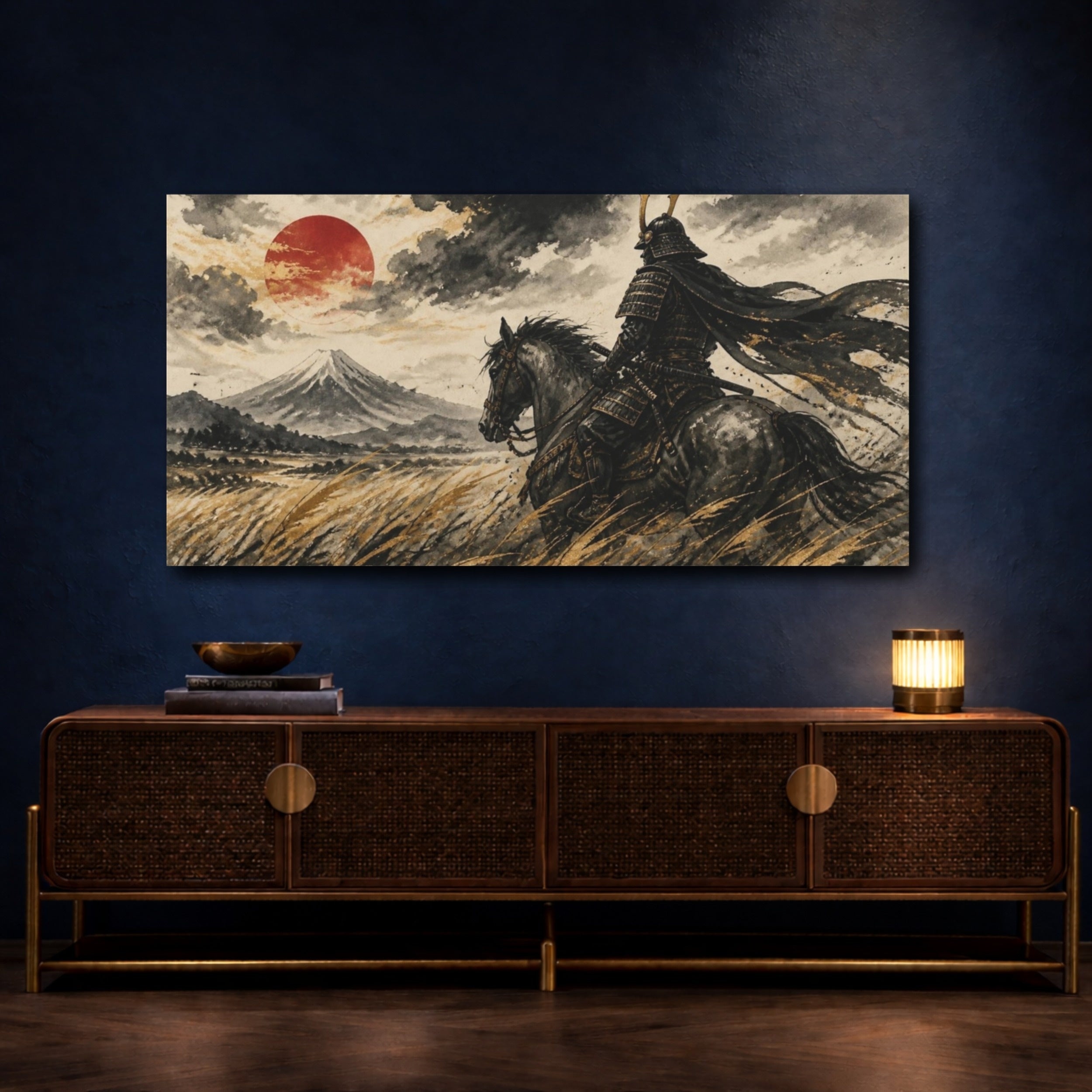 Mockup 4. Japanese Samurai On Horseback shown as canvas print