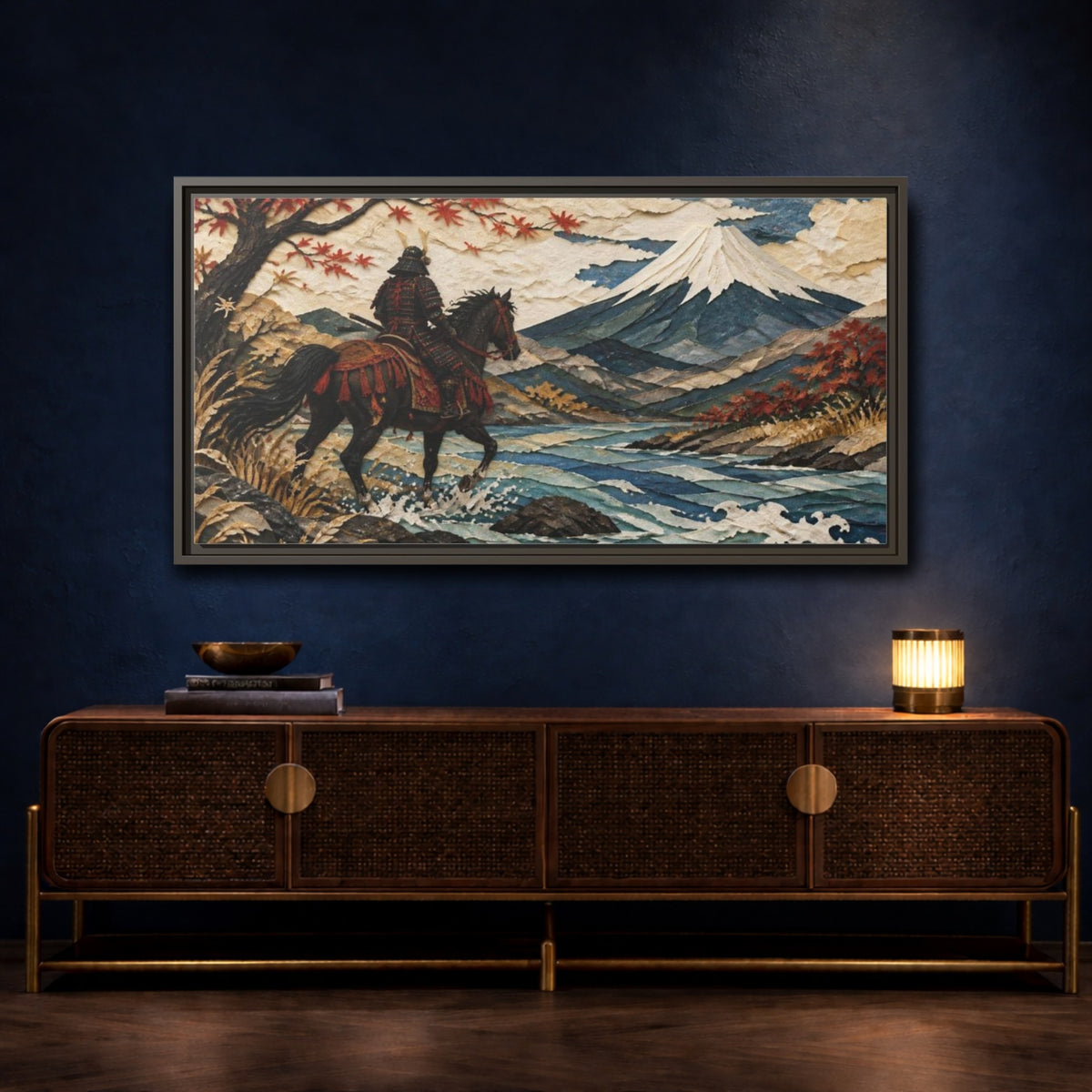 Mockup 4. Japanese Samurai Rider shown as framed canvas print