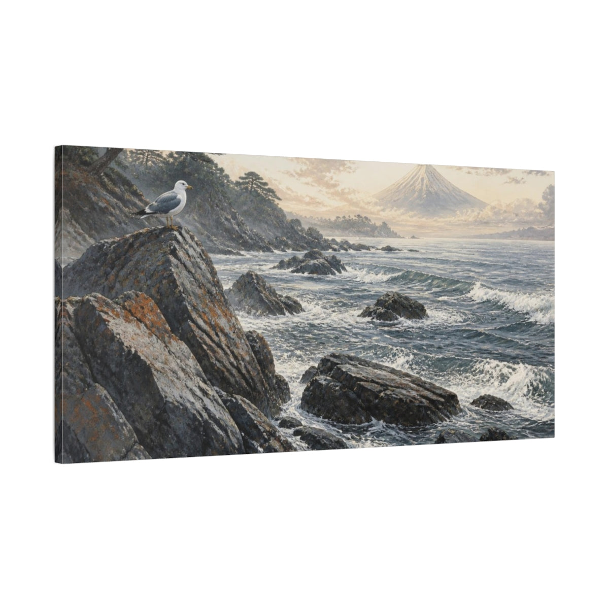 Main Mockup. Japanese Seaside Gull shown as canvas print