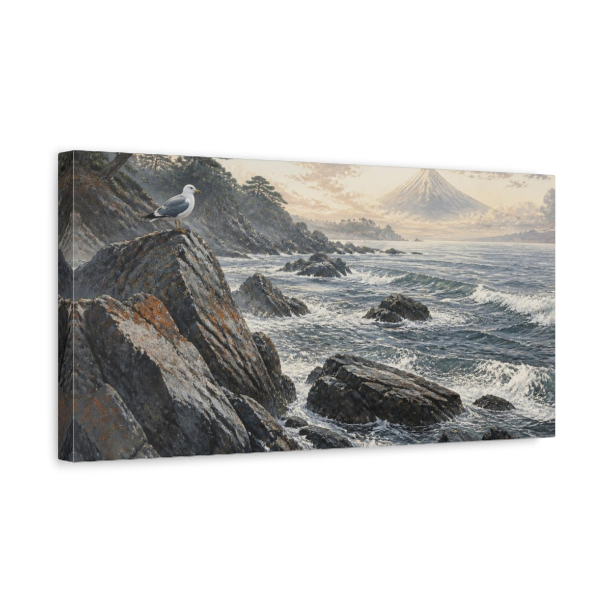 Side Mockup 3. Japanese Seaside Gull shown as canvas print