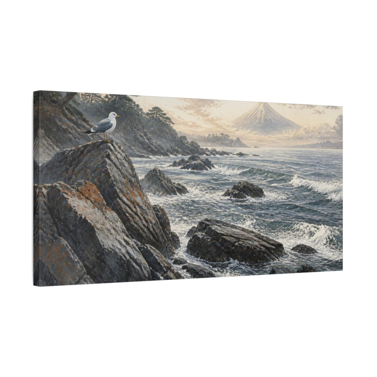 Side Mockup 1. Japanese Seaside Gull shown as canvas print