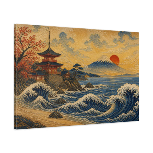 Main Mockup. Japanese Seaside Pagoda Waves shown as canvas print